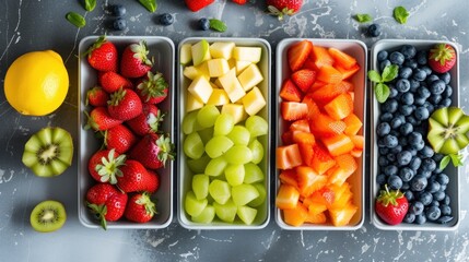 four trays filled with different types of fruit on a gray surface with lemons, strawberries, kiwis, and strawberries.