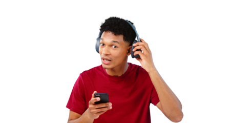 Man, portrait and headphones with cellphone for music listening to sound, playlist or podcast. Male person, face and smartphone on isolated transparent png background for digital app, radio or track