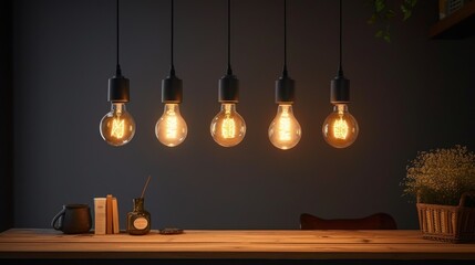 a bunch of light bulbs hanging from a ceiling over a table with a plant in the middle of the room.