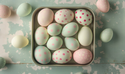 top view  of  pastel easter eggs with playful polka dots in a tin container on a speckled mint background