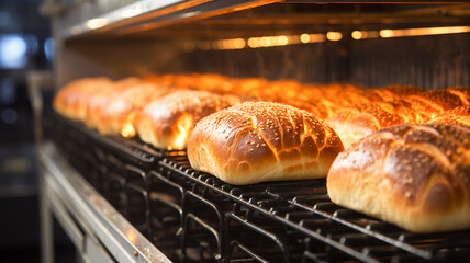 Close up shot of crunchy breads baking in a industrial oven. Workshop for production of bread. 