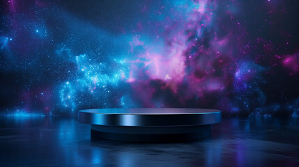 empty black metalic podium on blue purple star galaxy background for product presentation - obrazy, fototapety, plakaty