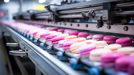 Foto op Canvas Delicious desserts colorful macarons moving along a confectionery conveyor.  © BlazingDesigns