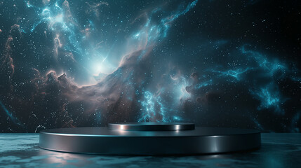 empty black metalic podium on blue star galaxy background for product presentation