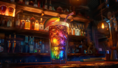 glass with colorful alcohol drink on bar counter, tropical exotic cocktail at nightclub