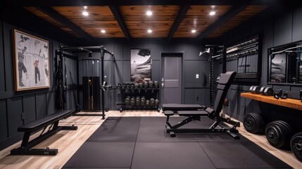 Streamlined home with wall mounted gym equipment rubber. Generative ai, 