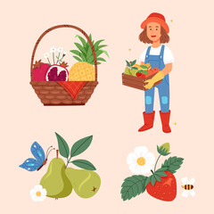 Hand drawn flat fruit harvest illustration set collection