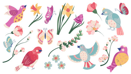 Hand drawn flat spring icon illustration with flowers and birds