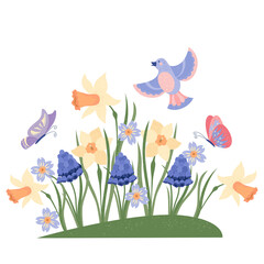 Hand drawn flat spring composition with flowers and birds