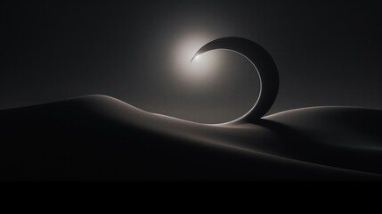 a black and white photo curved object in the middle desert area with a bright light coming from the top of it.