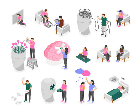 Mental health icons in isometric view