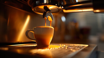 process of espresso coffee preparing with coffee machine, closeup of cup and portafilter