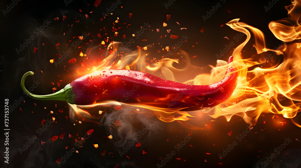 Wall mural red chili pepper in burning with fire flame on a dark background