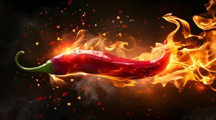 Fotobehang Red chili pepper in  burning with fire flame  on a dark background © Oksana