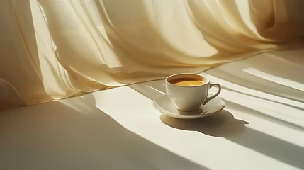 Foto op Plexiglas white cup of hot coffee or tea drink on white silk veil background, fresh morning beverage © goami