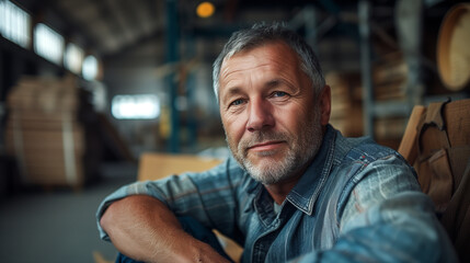 Fototapeta premium Portrait of a Content Middle-Aged Man with a Beard in a Denim Shirt