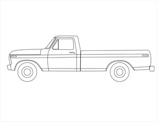 Line art drawing of a side view of a pickup truck