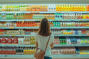 a woman choose the goods to buy on the shelf in a supermarket
