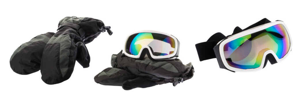 ski equipment goggles with gloves isolated on white clipping path