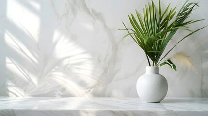flower in vase, a decorative vase and verdant plants set against the backdrop of a pristine white marble surface,