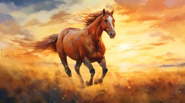 a painting of a horse running in a field of grass with the sun setting background and clouds sky.