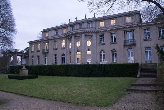 Berlin, Germany - Jan 22, 2024: Holocaust memorial and museum known as the Haus der Wannsee-Konferenz (House of the Wannsee Conference). Cloudy winter day. Selective focus