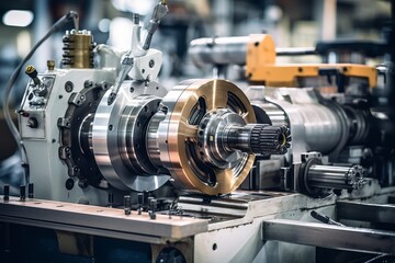 Fototapeta premium Close-up view of a meticulously engineered rotary die station set against the backdrop of a bustling industrial factory floor