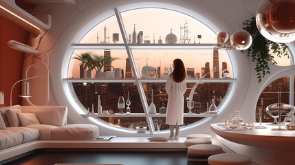 Obraz na płótnie Canvas Bright futuristic interior with composite materials and panoramic window, white design, realistc