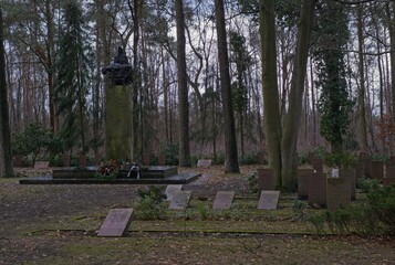 Cottbus, Germany - Jan 24, 2024: This Red Army war cemetery contains the graves of 742 Soviet soldiers who were killed in 1945 during Second World War. Cloudy winter day. Selective focus