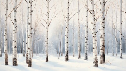 a painting of a snow covered forest with lots of trees in the foreground and white snow on the ground.