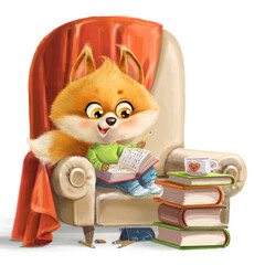 Cute cartoon fluffy red fox sit in armchair with book and read isolated on a white background
