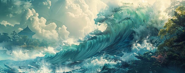 A captivating digital art piece inspired by the iconic sea waves of Japan, crafted to evoke the beauty and power of nature. Generate AI. - obrazy, fototapety, plakaty