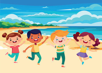 Summer vacation. Group of happy boys and girls summer vacation - 737155776