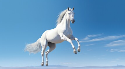 a white horse jumping in the air with its and it's.