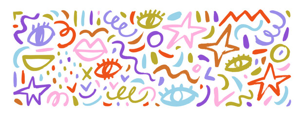Set of fun colorful doodle elements like eyes, stars, lips, squiggles and dots texture.