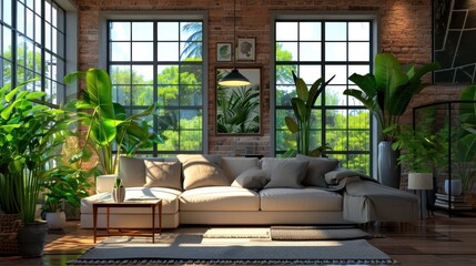 Fototapeta premium Eco friendly living space with a bright sofa. Generative ai, 