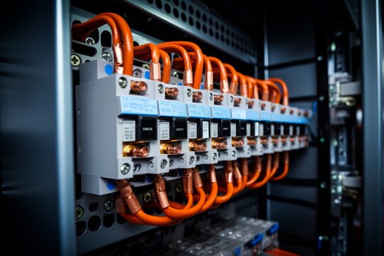 A Detailed View of a Copper Busbar Installed in an Industrial Electrical Cabinet, Surrounded by Wires and Circuit Breakers