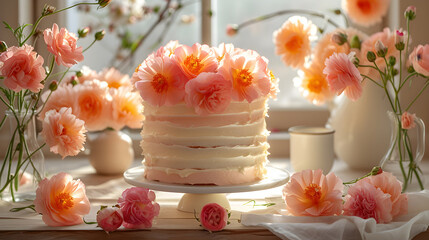 cake decorated with pink and pastel beige flowers