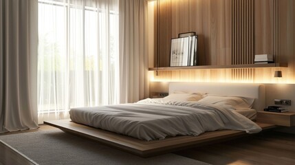 Tranquil bedroom with platform bed sheer curtains. Generative ai, 