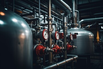 A Detailed View of a Boiler Burner in an Industrial Setting, Surrounded by Pipes and Gauges, Illuminated by the Warm Glow of Artificial Light - obrazy, fototapety, plakaty