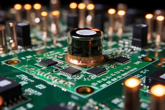Close-up view of a photodiode, an essential component in the electronics industry, surrounded by circuit boards and other semiconductor devices