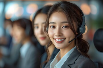 A young Asian woman in a call center with a headset, representing a team of professionals. - obrazy, fototapety, plakaty