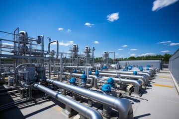 A panoramic view of a large aeration basin in an industrial plant, surrounded by complex machinery and infrastructure under a clear blue sky