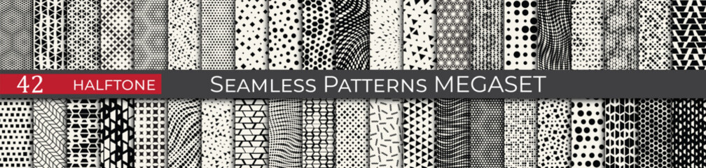 Seamless geometric halftone pattern set. Retro decoration megaset. Collection of simple abstract textures.