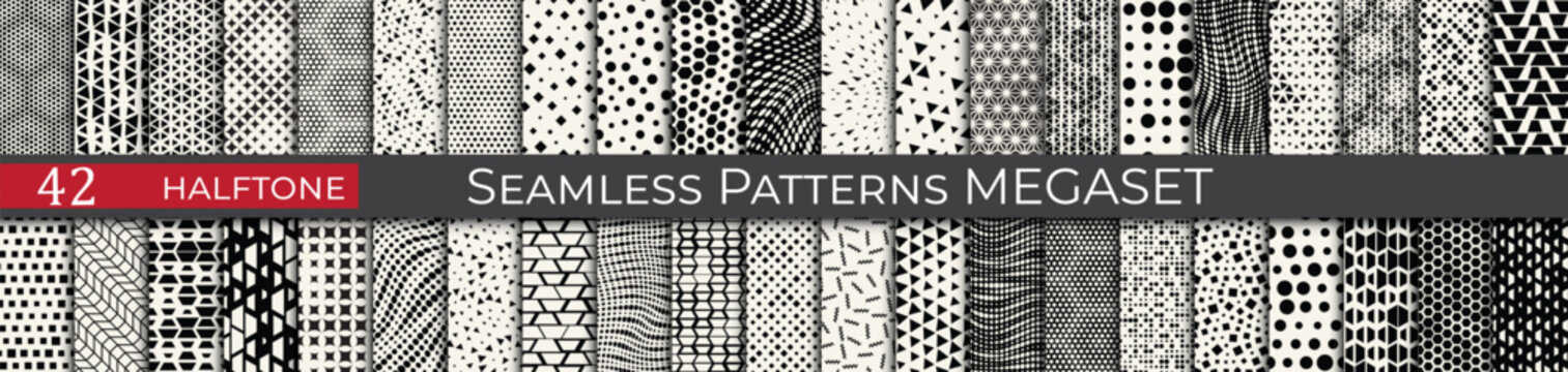 Seamless geometric halftone pattern set. Retro decoration megaset. Collection of simple abstract textures.