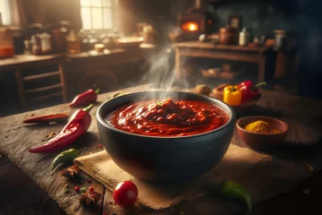 Foto op Canvas Bowl of hot chili sauce with ingredients on rustic wooden table © milanchikov