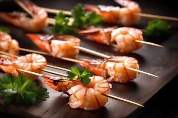 Grilled shrimp skewers with parsley on wooden board, closeup