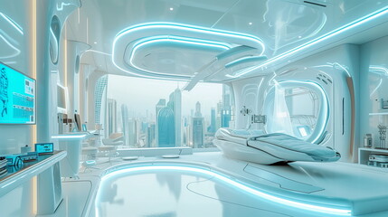 bright sleek spa salon nestled within a futuristic spaceship, offering rejuvenating treatments against stellar backdrops, futuristic and modern, neon lights, white interio