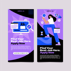 Flat job fair vertical banner template set collection with woman searching a vacant - obrazy, fototapety, plakaty