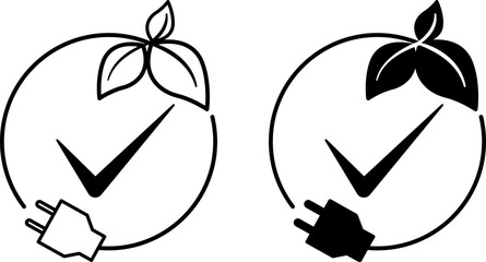 Zero Emission Icons. Black and White Vector Icons of Leaves and Electric Charger. Ecology and Environmental Protection Concept